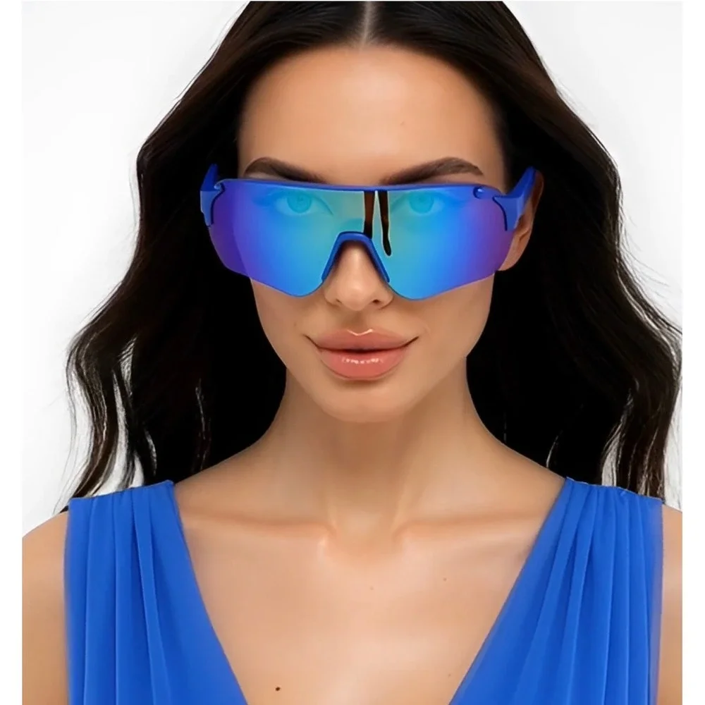Blue Shield Wrap Sunglasses Mirrored Lens Sporty Women Performance Shades Lentes